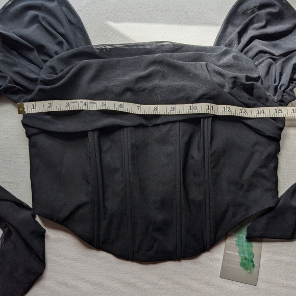 Baonmy Women's Cropped Top Sz XXS Corset Black Sheer Long Pleated Sleeves T-2 - Picture 8 of 11